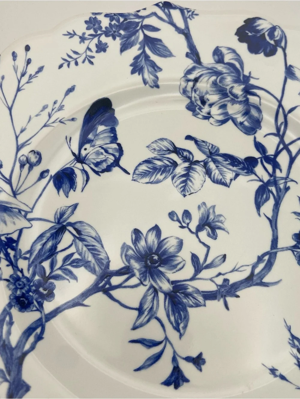 Set of 6 Blue White Butterfly Floral 8.5” Scalloped Porcelain Plates Boho Garden